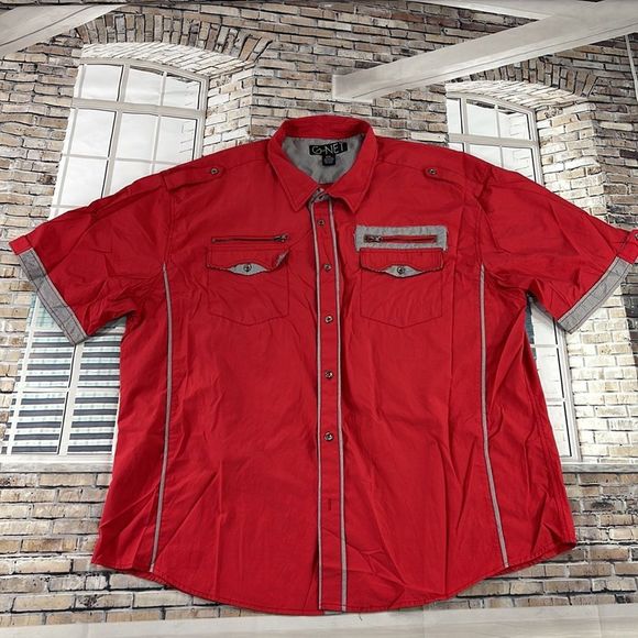 Men’s G-Net Red & Black Cotton Blend 2 Pocket Zipper Button Down Shirt (4XL) P22 - Picture 1 of 9